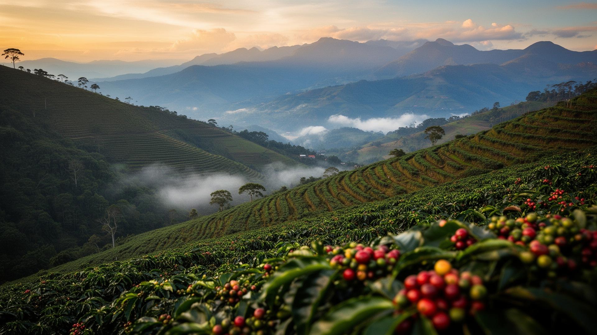 Colombian coffee plantation terraces with red cherries at dawn in the Andean coffee region